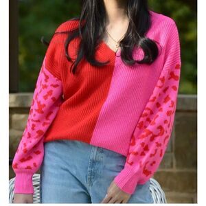 Women’s Pink & Red V-Neck Sweater, Size L